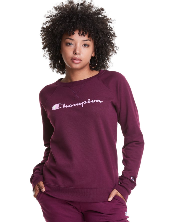 Champion Womens Sweatshirt NZ - Powerblend Fleece Classic Crew Script Logo Dark Purple ( 1847-ENZBF